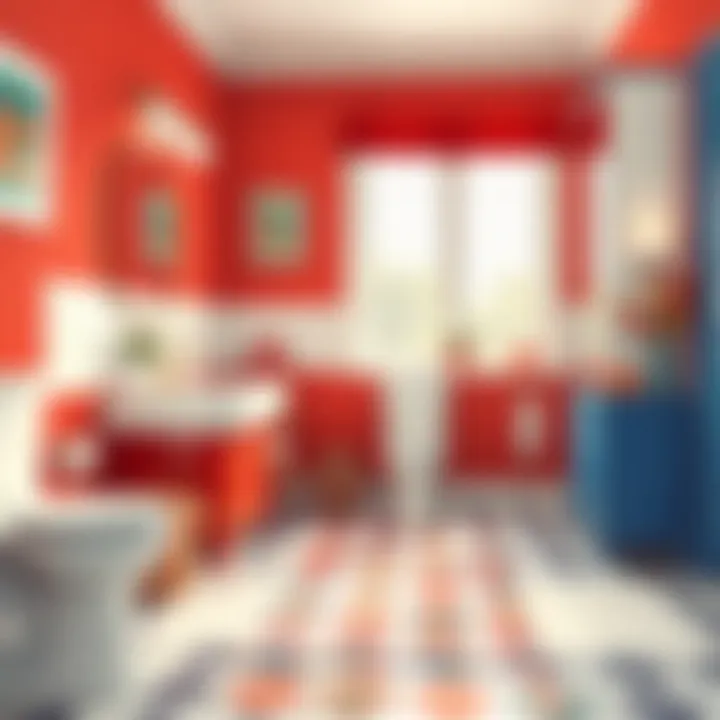 Stylish bathroom featuring red, white, and blue decor