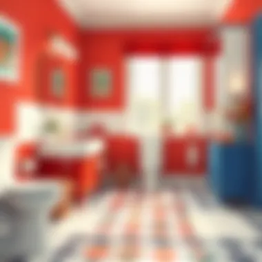 A Stylish Bathroom with Red, White, and Blue Decor Stylish bathroom featuring red, white, and blue decor