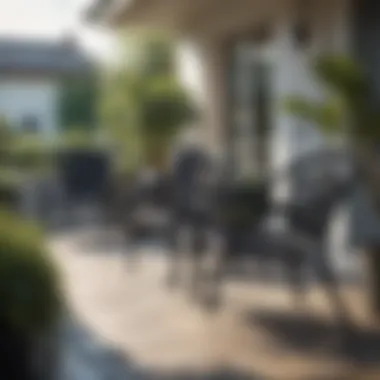 Stylish black outdoor chairs arranged on a patio