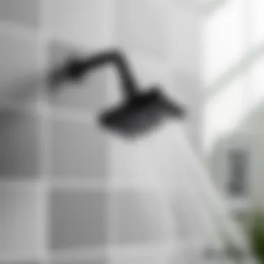 Sleek Black Chrome Shower Head Sleek black chrome shower head against a modern tiled wall
