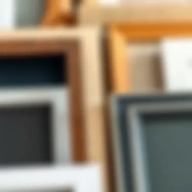 Close-up of different frame materials for poster prints including wood and metal