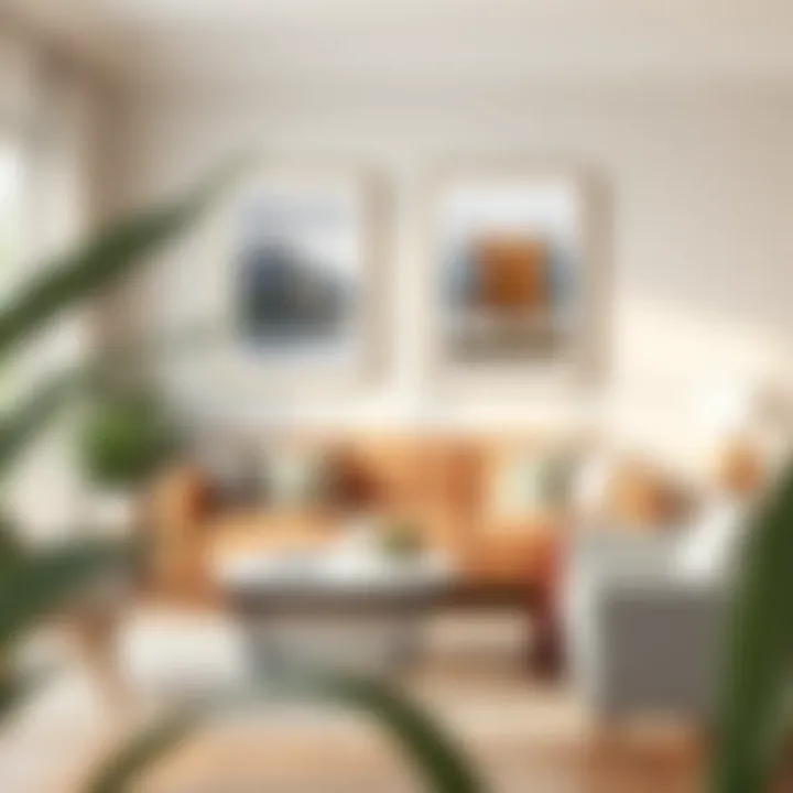 A beautifully decorated living space featuring framed poster art