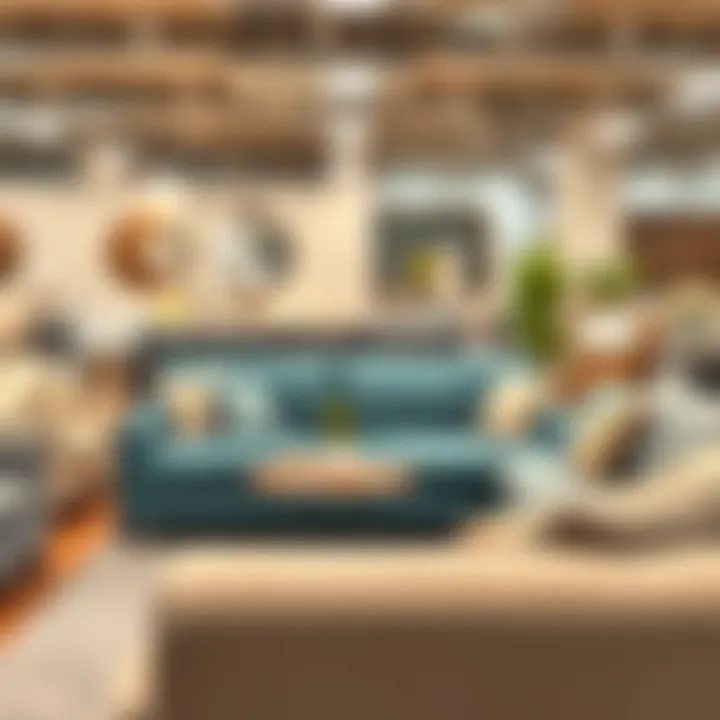 Price tags on various sectional sofas in a showroom