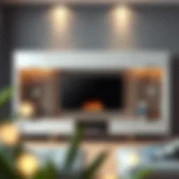 Modern silver entertainment center with integrated fireplace