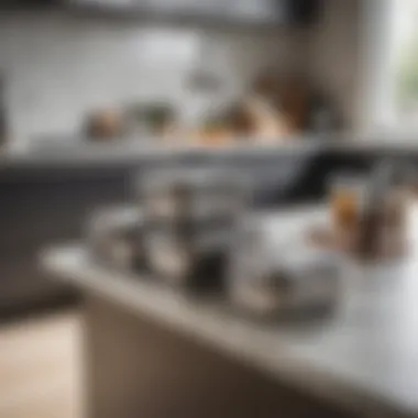 Stainless steel vacuum seal containers arranged in a modern kitchen interior.