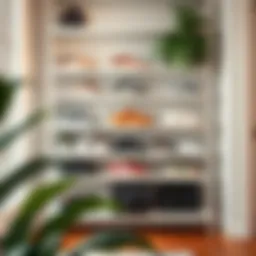 Stylish white sneaker shelf displaying various sneaker styles