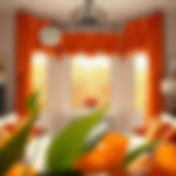 Vibrant orange valances adorning a cozy living room window.