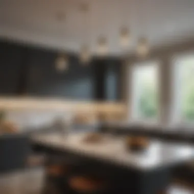 A modern kitchen featuring elegant pendant lights above the island.