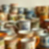 A collection of vintage crockery coffee mugs showcasing intricate designs