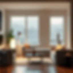 Elegant arc floor lamp illuminating a modern living room