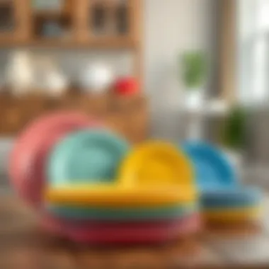 Array of colorful 9 inch Corelle plates arranged to complement home decor