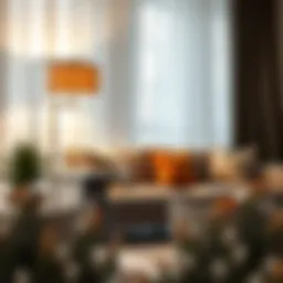 Elegant floor lamp illuminating a contemporary sofa