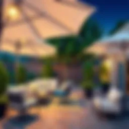 Elegant outdoor patio with solar-powered umbrella lights illuminating the space