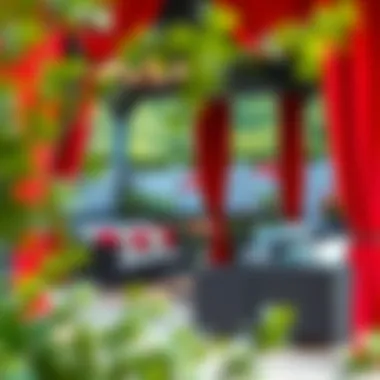 Elegant outdoor patio adorned with red curtains, showcasing a harmonious blend of style and comfort