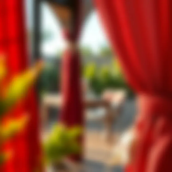 Close-up of rich fabric textures used in red patio curtains, highlighting quality and design