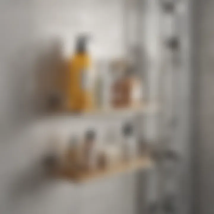 Stylish shower shelf pole showcasing various storage options for toiletries.