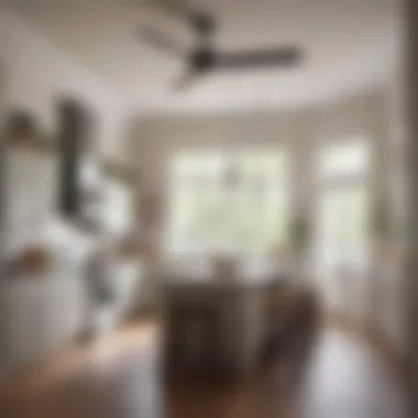 Spacious kitchen featuring a stylish ceiling fan without lights