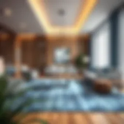 Luxurious thin blue rug enhancing modern living room.