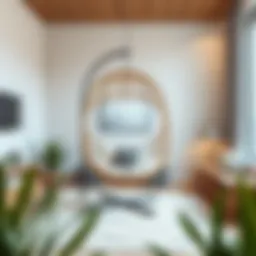 A modern hanging chair with a stylish stand in a cozy bedroom setting