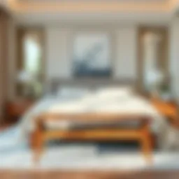 Elegant wooden bench at the foot of a luxurious bed