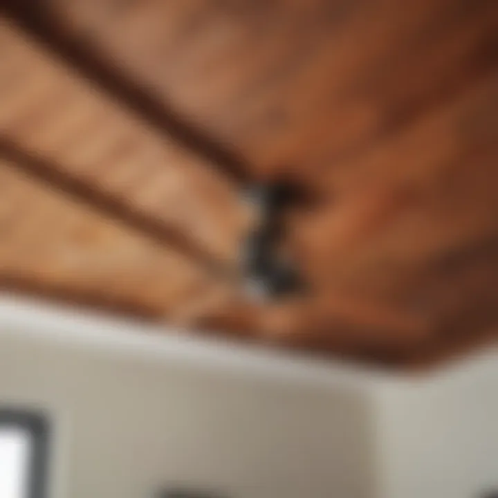 Close-up of a wooden farmhouse ceiling fan blade